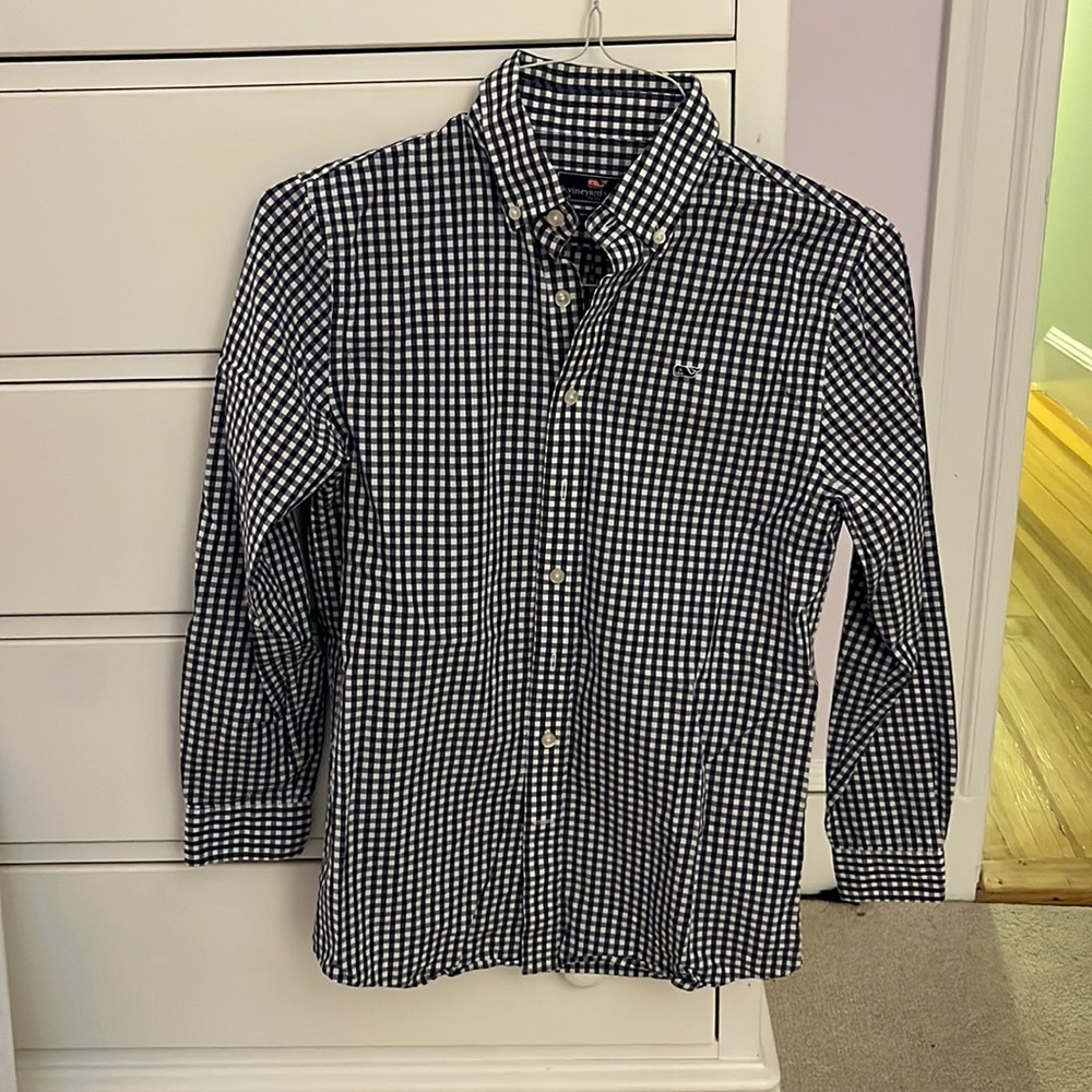 Navy Blue Checkered Vineyard Vines Boy’s Button Down Shirt